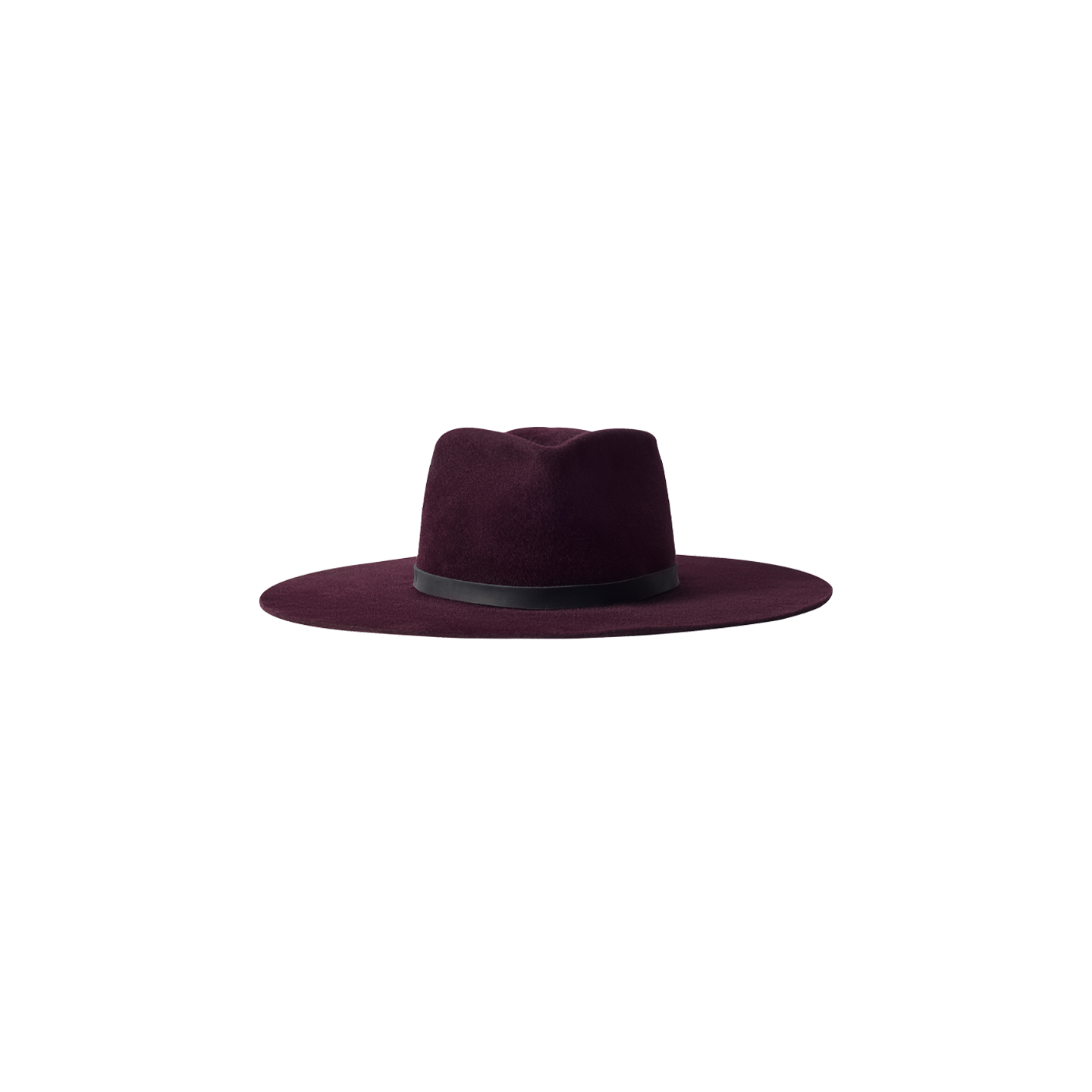 The Reyes Leather Band Fedora is a handcrafted, wide-brim hat in dark purple felt featuring a sleek black leather band around the base of the crown, shown against a plain white background.