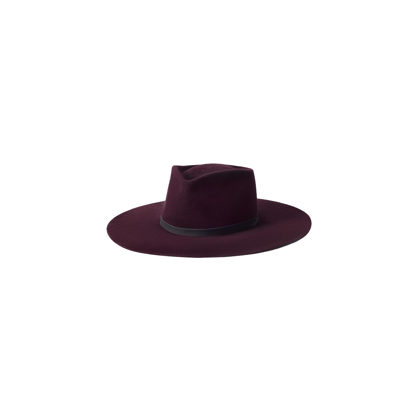 A wide-brimmed Reyes Leather Band Fedora in dark burgundy felt, featuring a black leather band, displayed on a plain white background.