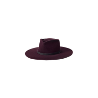 A wide-brimmed Reyes Leather Band Fedora in dark burgundy felt, featuring a black leather band, displayed on a plain white background.