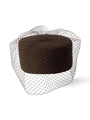 The Anstine Pillbox Hat features a dark brown design with a delicate black birdcage veil, set against a white background for a touch of vintage sophistication.