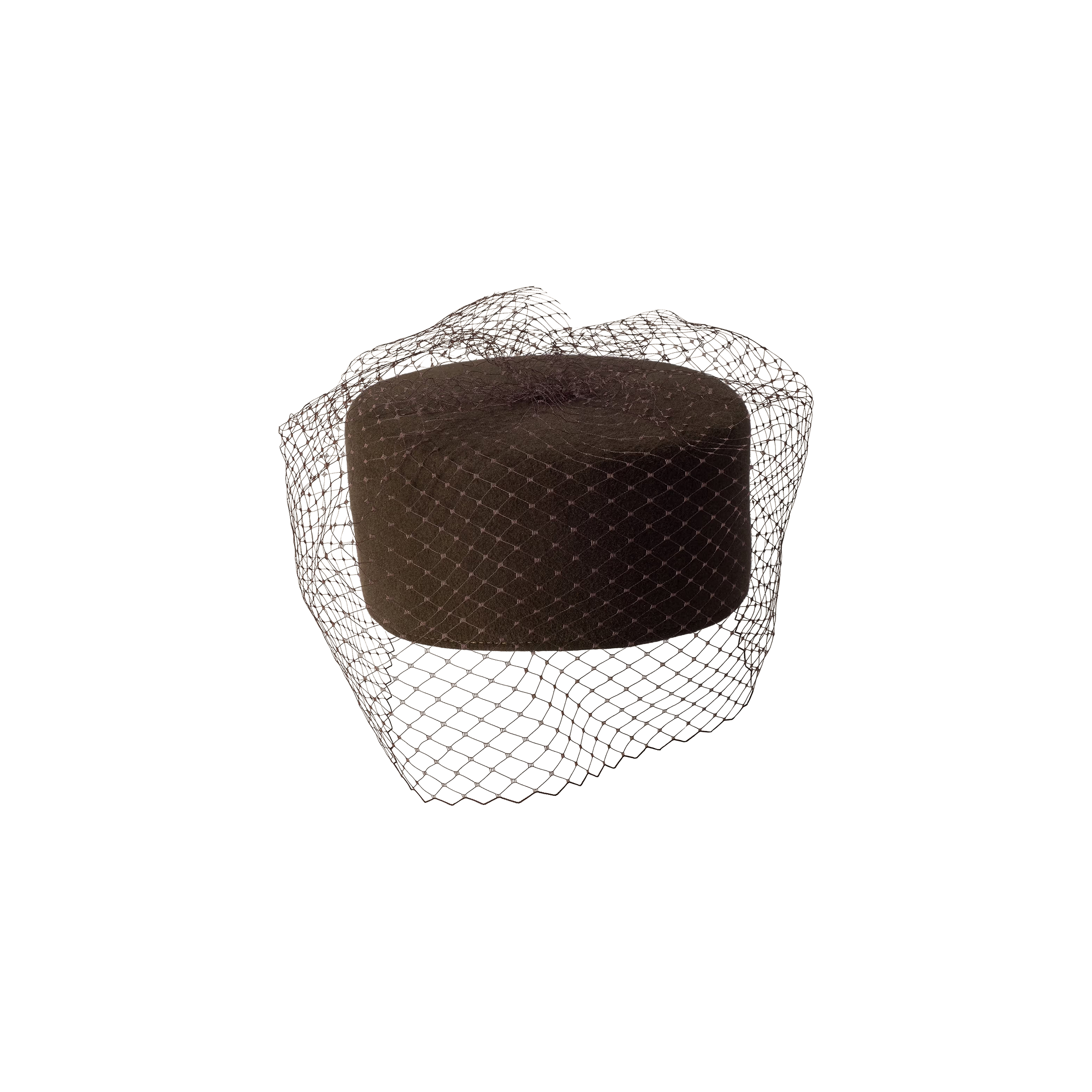 The Anstine Pillbox Hat is a dark brown felt velour hat featuring a fine black birdcage veil that covers the front and sides, displayed on a plain white background.