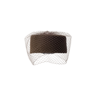 The Anstine Pillbox Hat, crafted from black felt velour, features a delicate birdcage veil draping over the front and is displayed against a plain white background.