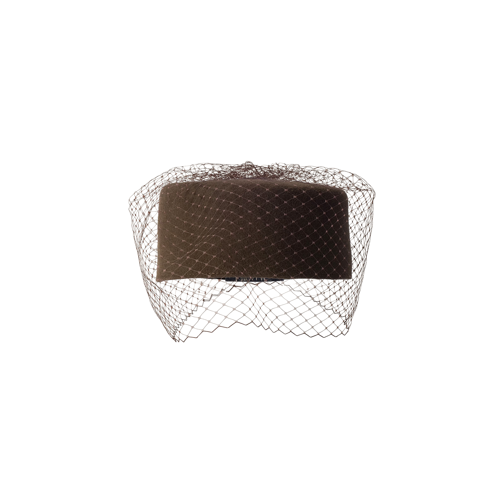 The Anstine Pillbox Hat, crafted from black felt velour, features a delicate birdcage veil draping over the front and is displayed against a plain white background.