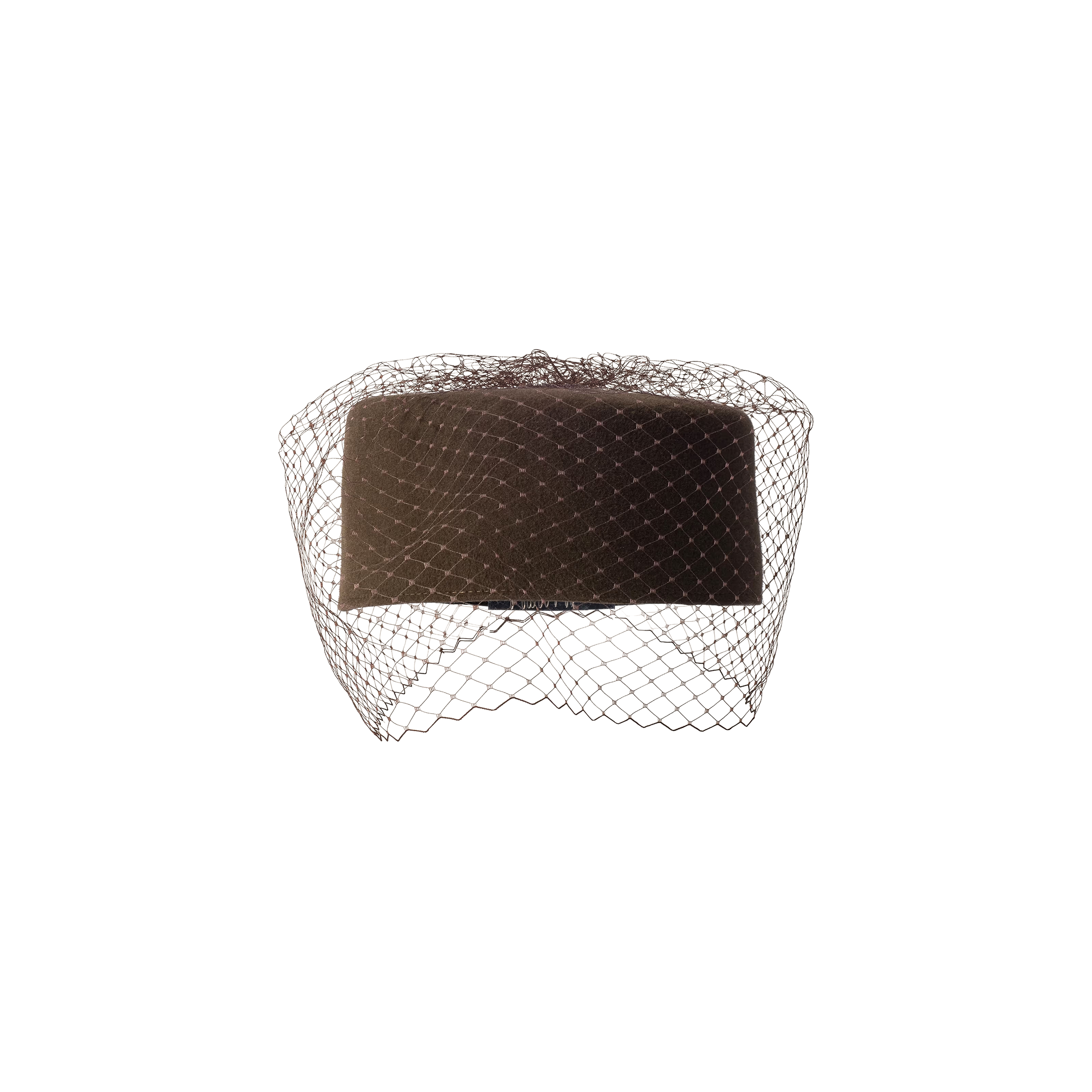 The Anstine Pillbox Hat, crafted from black felt velour, features a delicate birdcage veil draping over the front and is displayed against a plain white background.