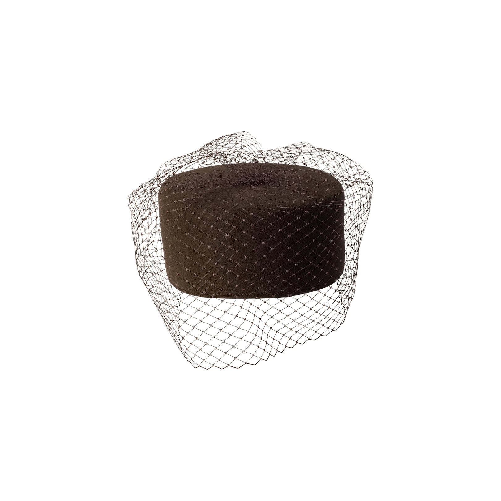 The Anstine Pillbox Hat, featuring a fine birdcage veil draped over the front and sides, is presented against a white background and radiates vintage sophistication.