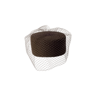 The Anstine Pillbox Hat is a dark brown felt velour pillbox hat featuring a fine birdcage veil that covers the front and sides, shown against a plain white background.