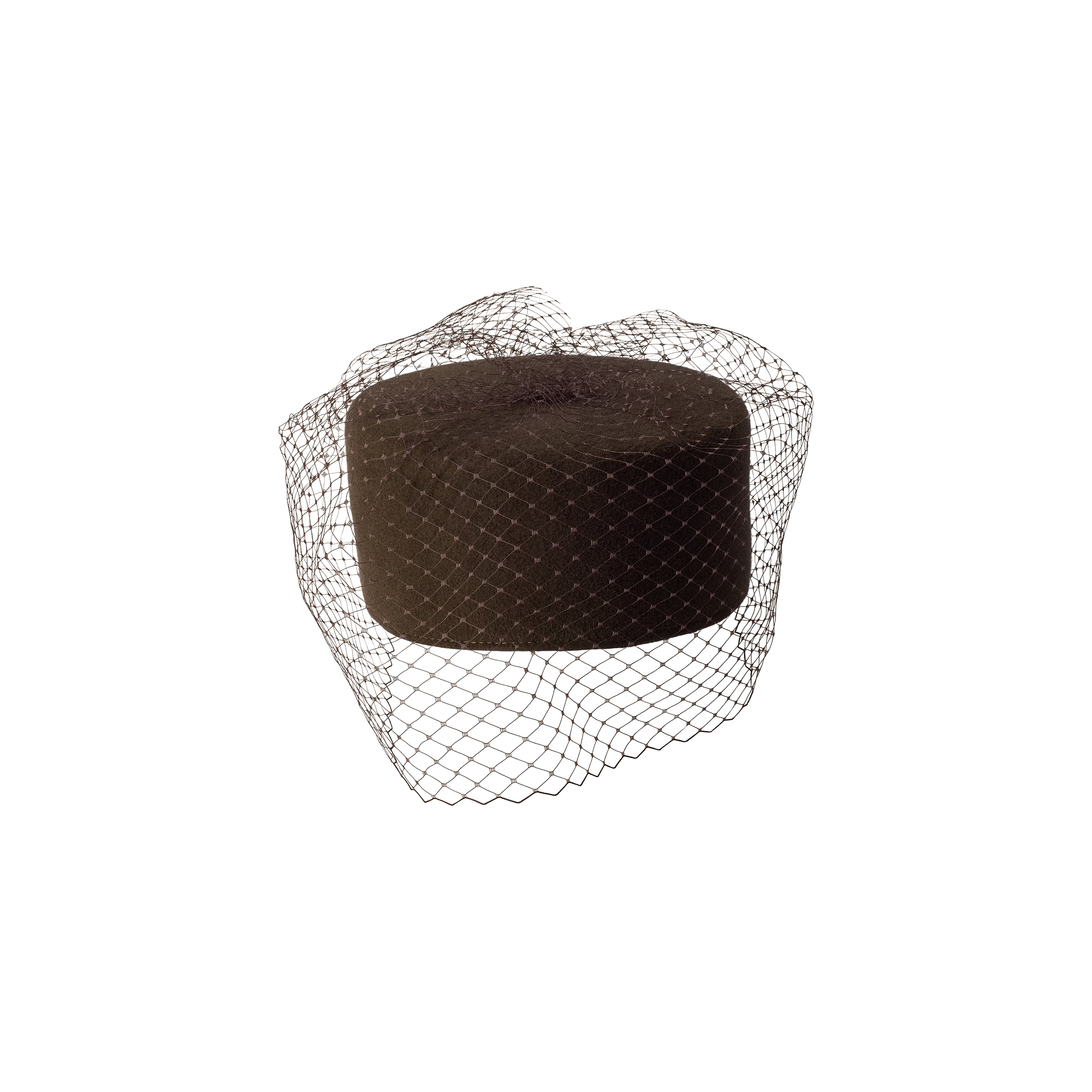 The Anstine Pillbox Hat is a dark brown felt velour pillbox hat featuring a fine birdcage veil that covers the front and sides, shown against a plain white background.