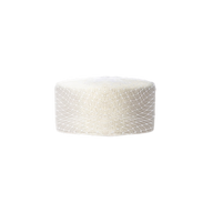 A single Anstine Pillbox Hat, wrapped in fine, clear mesh netting that evokes vintage sophistication and resembles a delicate birdcage veil, is centered on a plain white background.