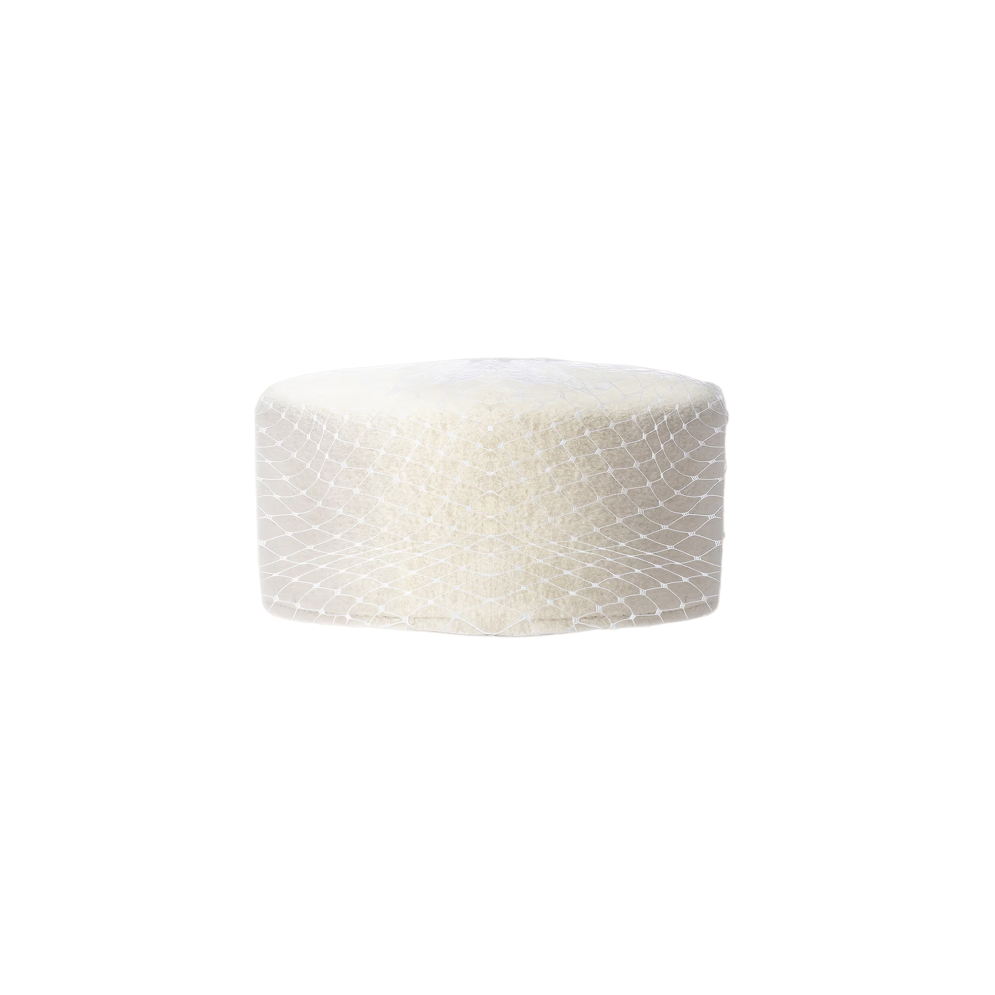 A single Anstine Pillbox Hat, wrapped in fine, clear mesh netting that evokes vintage sophistication and resembles a delicate birdcage veil, is centered on a plain white background.