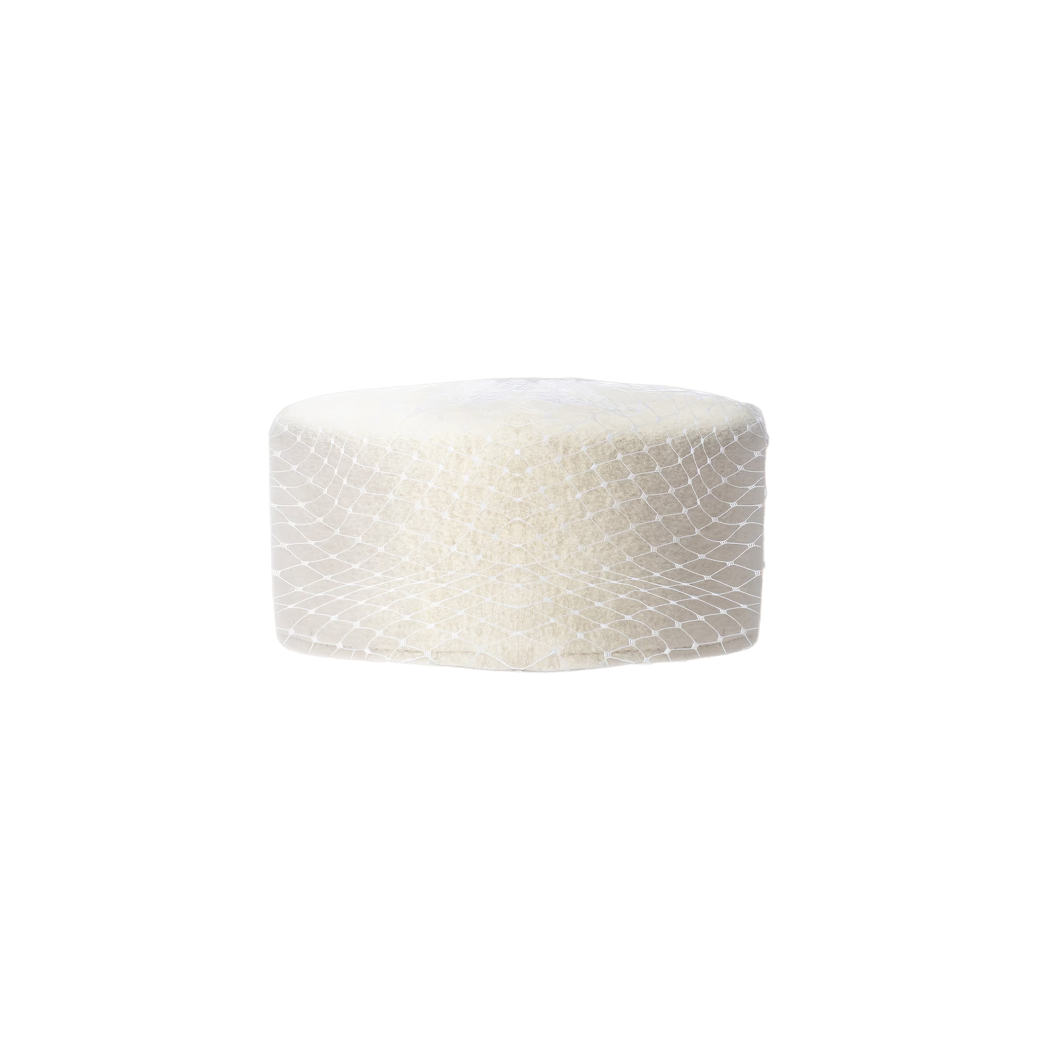 A single Anstine Pillbox Hat, wrapped in fine, clear mesh netting that evokes vintage sophistication and resembles a delicate birdcage veil, is centered on a plain white background.
