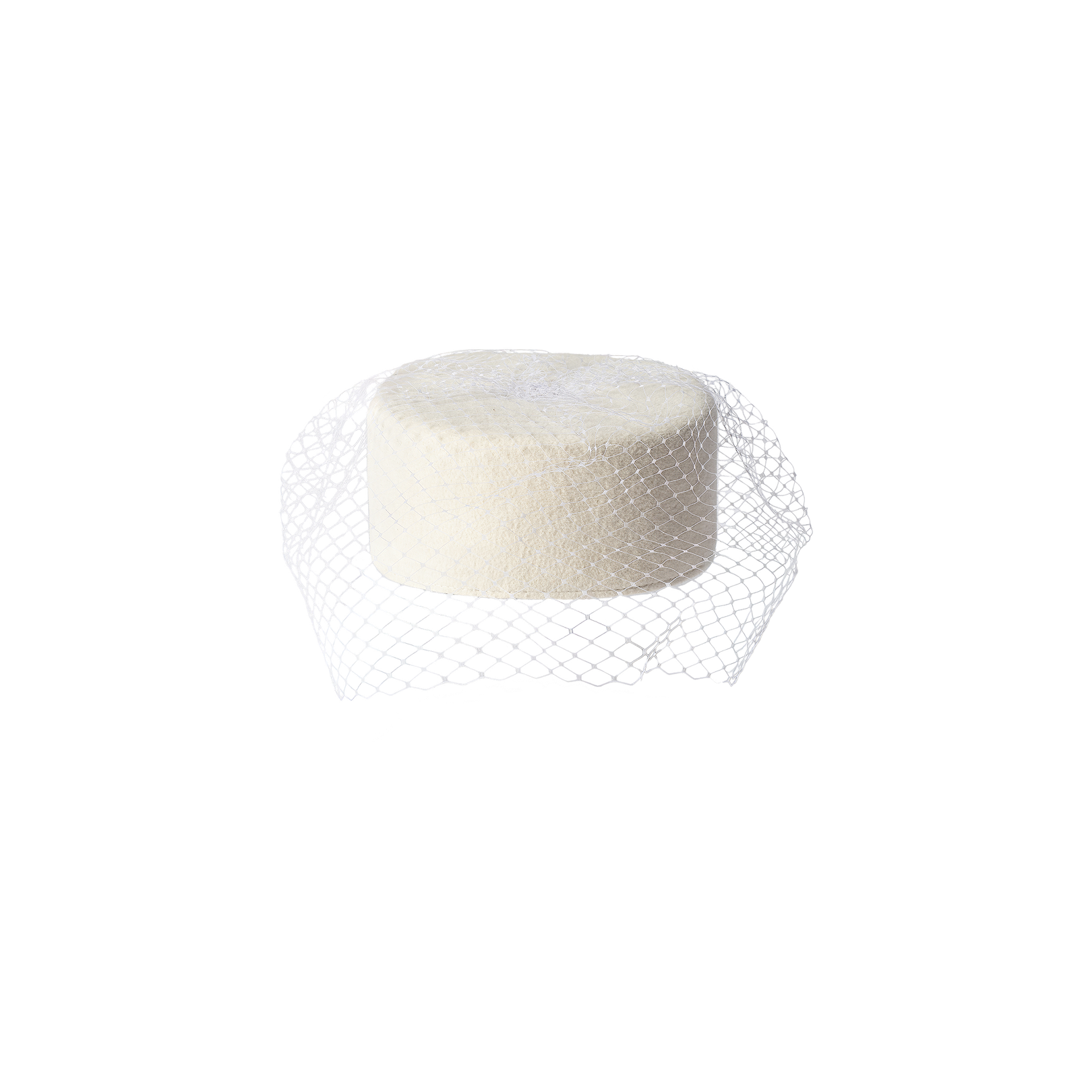 The Anstine Pillbox Hat, a round white accessory with a delicate mesh net partially draped over it—evoking the refined textures characteristic of millinery and classic pillbox hats—is displayed against a plain white background.