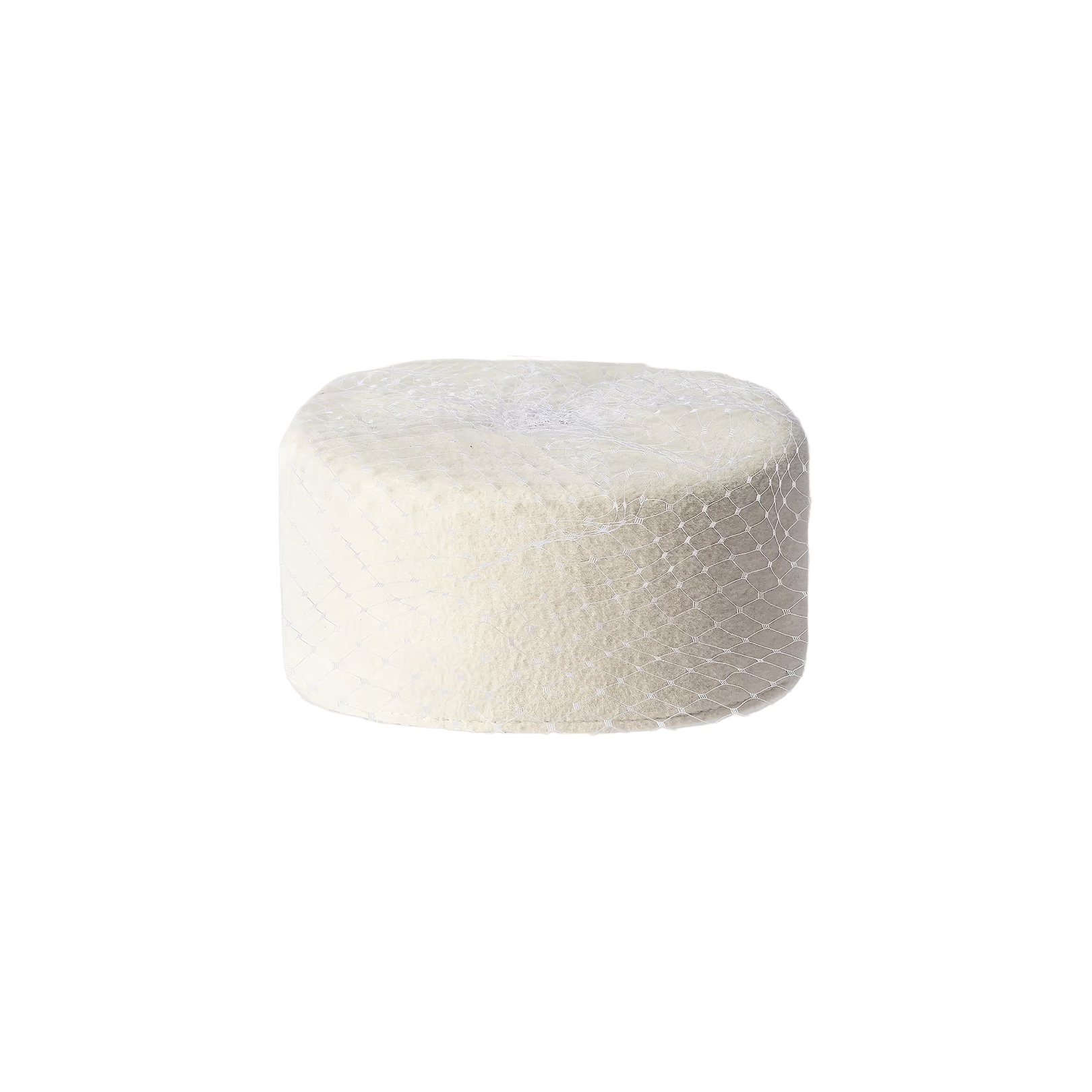 The Anstine Pillbox Hat, a round, white accessory adorned with delicate, crisscrossed mesh netting reminiscent of a classic birdcage veil, evokes vintage sophistication—shown against a plain white background.