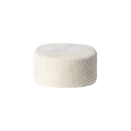 The Anstine Pillbox Hat, a round, white accessory adorned with delicate, crisscrossed mesh netting reminiscent of a classic birdcage veil, evokes vintage sophistication—shown against a plain white background.
