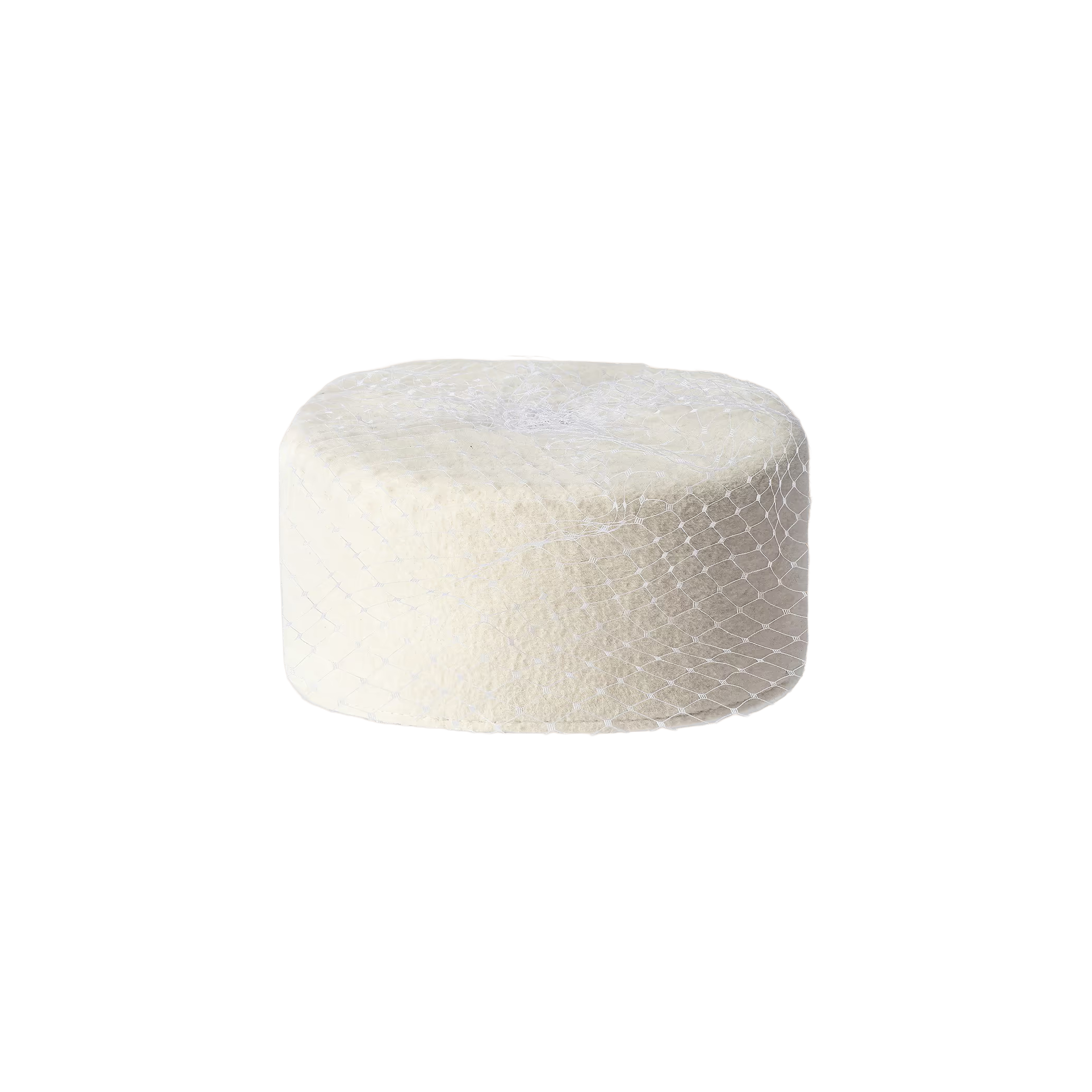 The Anstine Pillbox Hat, a round, white accessory adorned with delicate, crisscrossed mesh netting reminiscent of a classic birdcage veil, evokes vintage sophistication—shown against a plain white background.
