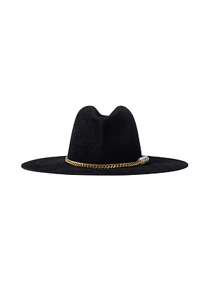 The Allende Hat is a black felt cowboy hat with a wide brim and gold chain band at the crown, accented by a small metallic detail for modern style and classic Western flair.
