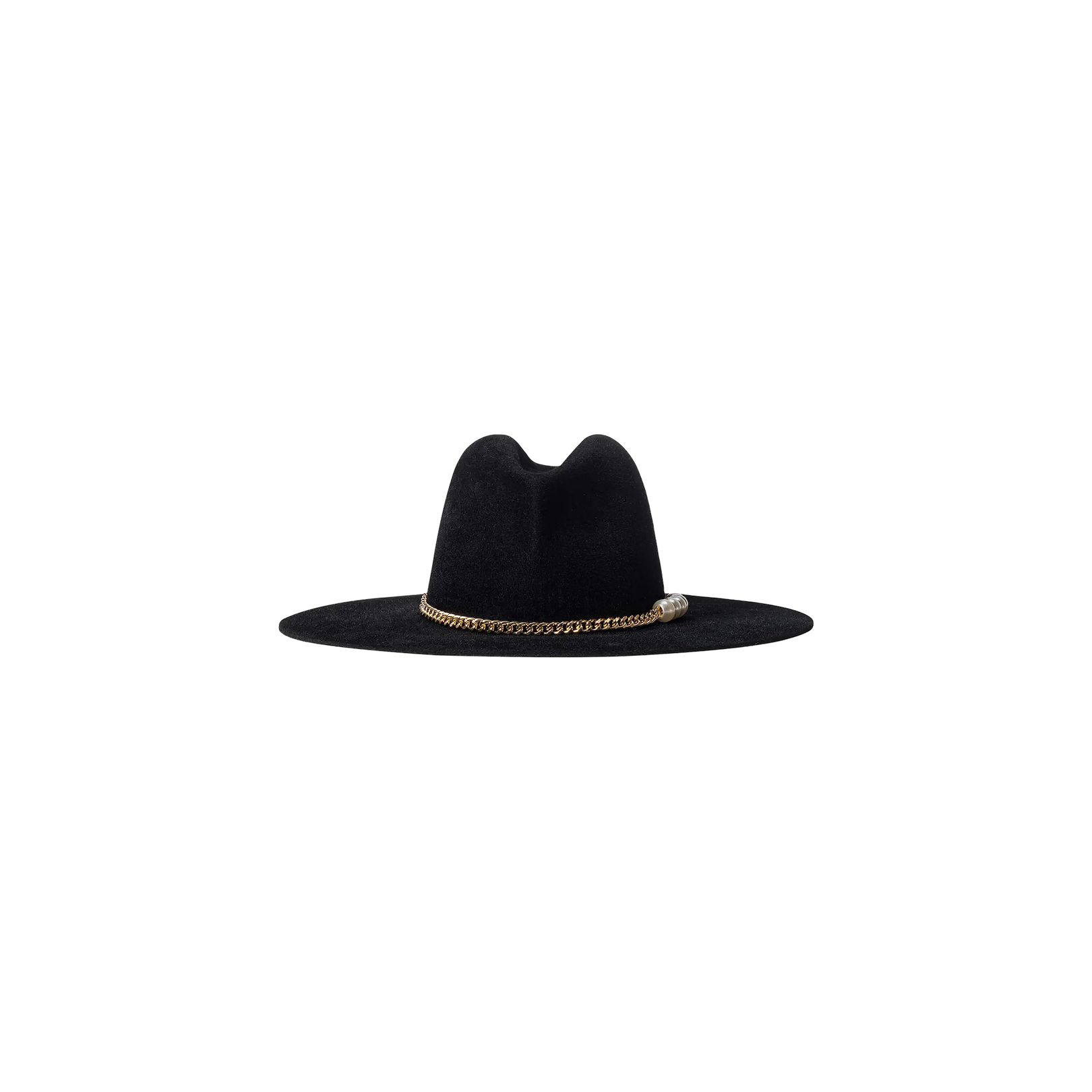 The Allende Hat, a black felt hat with a wide brim and a gold chain band reminiscent of a modern cowboy style, is displayed on a plain white background.