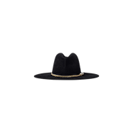 The Allende Hat is a black felt cowboy hat featuring a gold chain band around the base, displayed against a plain white background.