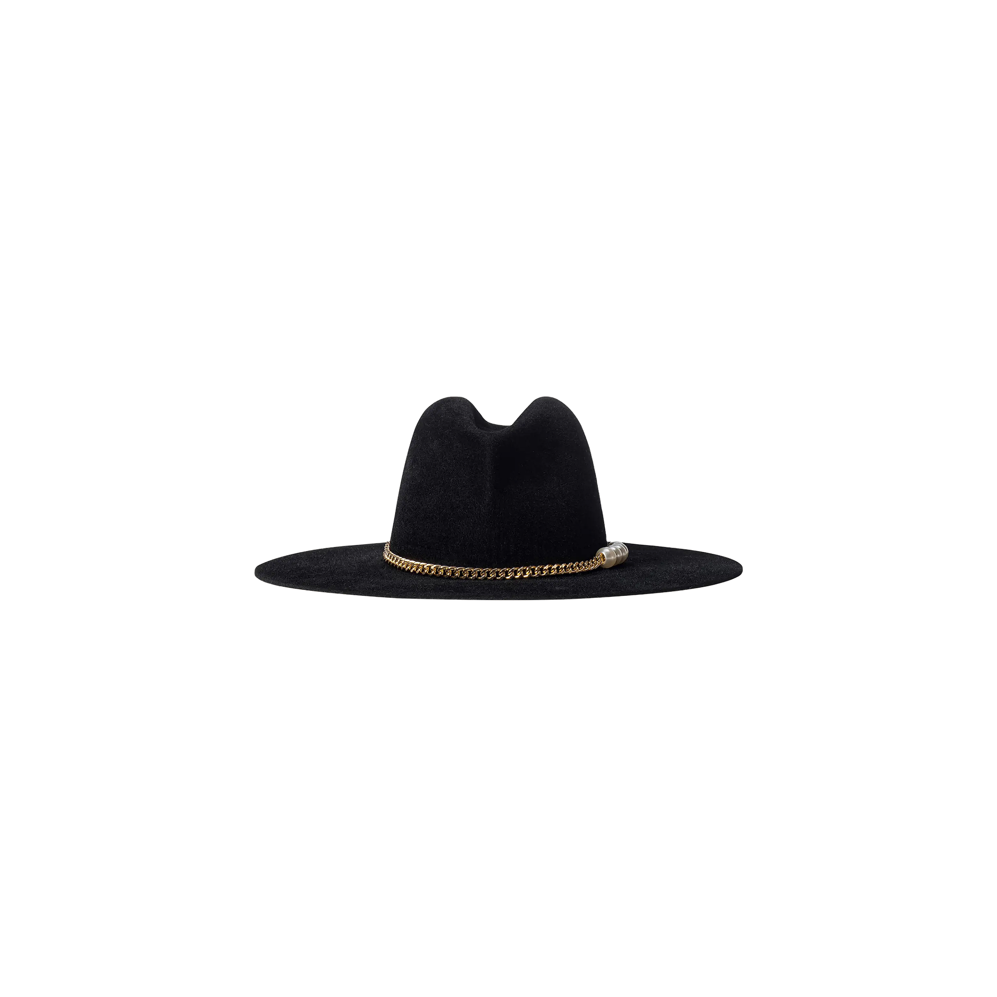 The Allende Hat is a black felt cowboy hat featuring a gold chain band around the base, displayed against a plain white background.