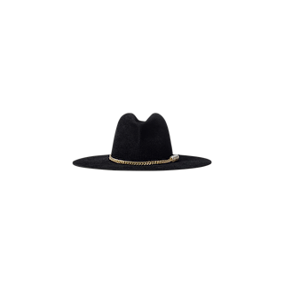 The Allende Hat, a black felt hat with a wide brim and a gold chain band reminiscent of a modern cowboy style, is displayed on a plain white background.