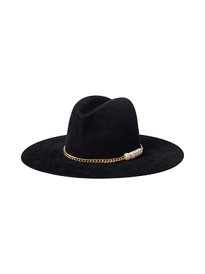 The Allende Hat is a wide-brimmed black felt cowboy hat with a gold chain and pearl band encircling the crown, shown against a white background.