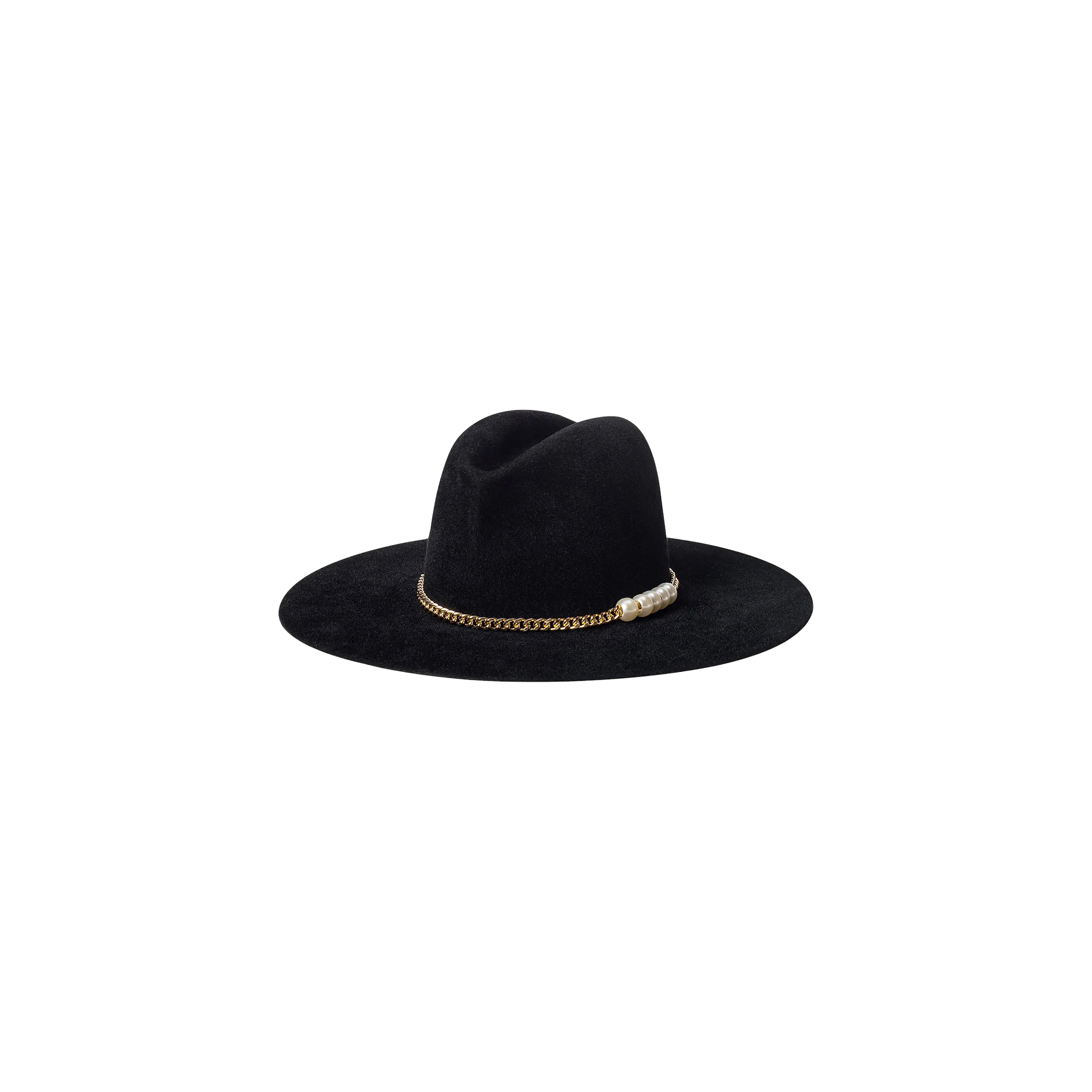 The Allende Hat is a black felt hat with a wide brim, adorned with a gold chain and pearl band around the base, shown against a plain white background.