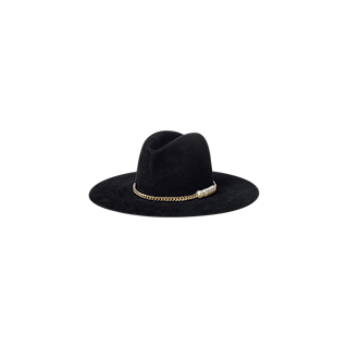 The Allende Hat is a wide-brimmed black felt hat featuring a gold chain and pearl band detail around the base, displayed on a plain white background.