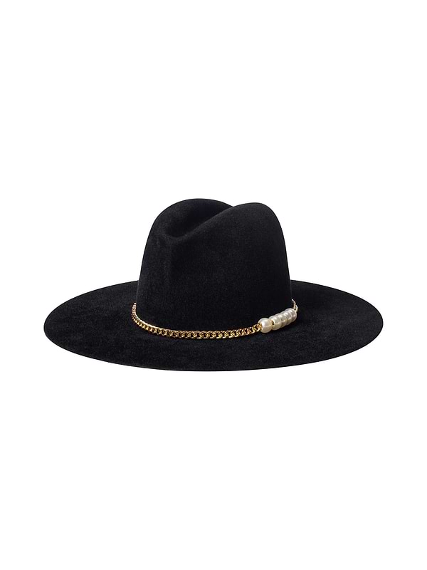 The Allende Hat is a black wide-brimmed felt hat with a gold pearl band, shown on a white background.