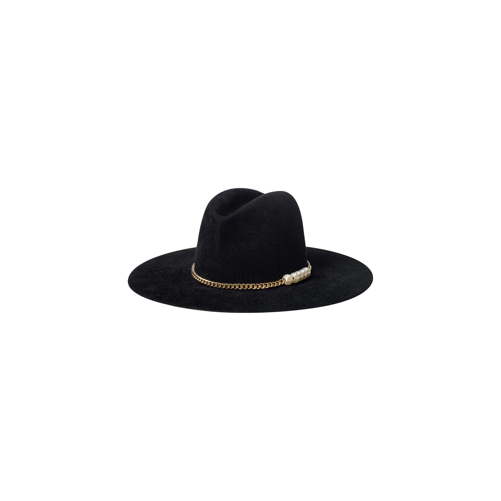 The Allende Hat is a wide-brimmed black felt hat featuring a gold chain and pearl band detail wrapped around the base of the crown, displayed on a plain white background.