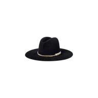 The Allende Hat is a wide-brimmed black felt hat featuring a gold chain and pearl band detail wrapped around the base of the crown, displayed on a plain white background.