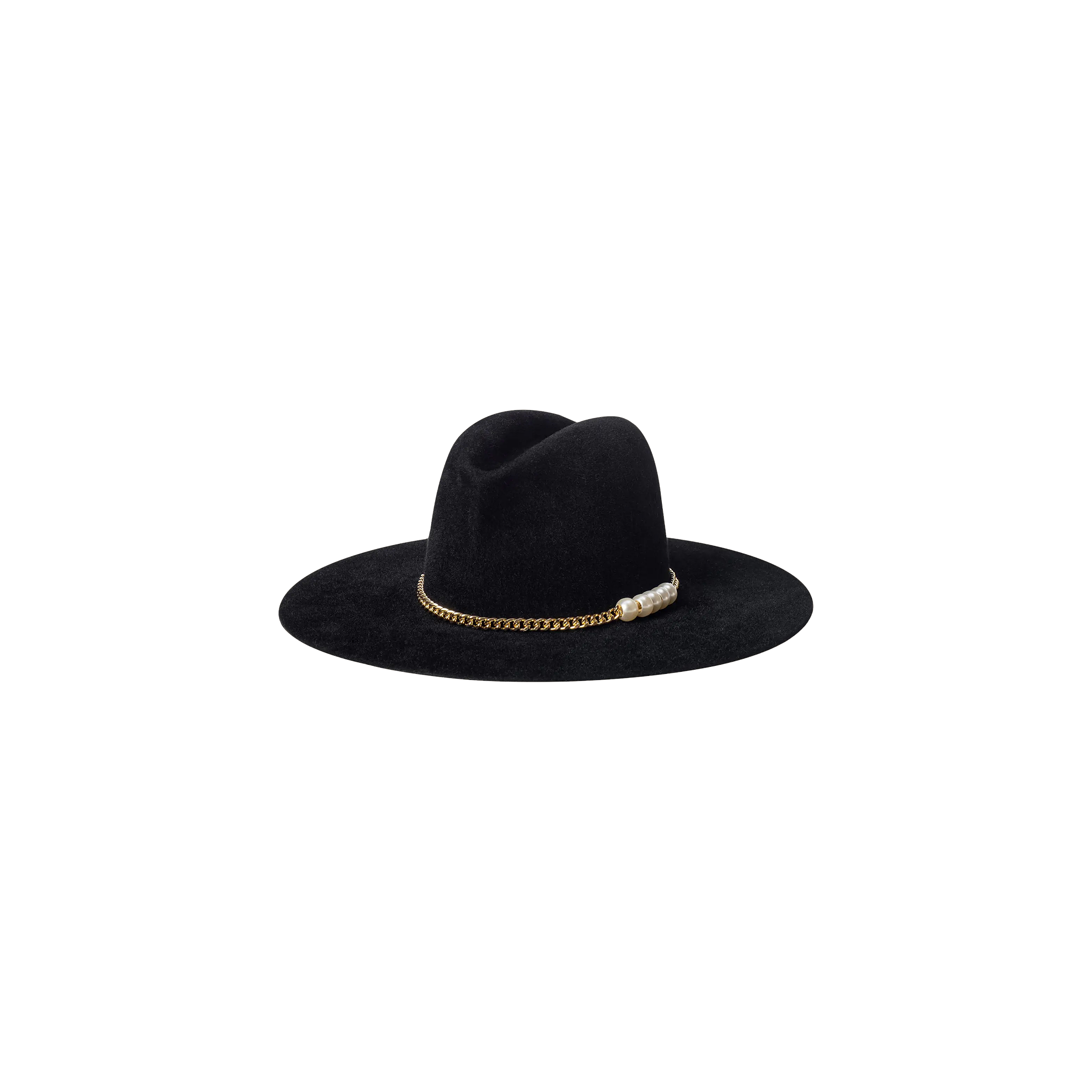 The Allende Hat is a wide-brimmed black felt hat featuring a gold chain and pearl band detail wrapped around the base of the crown, displayed on a plain white background.