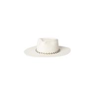 The Umbra Hat is a white, wide-brimmed design with a flat crown, expertly handcrafted in LA from premium white felt velour and finished with an elegant silver chain band at the base. It is presented on a plain white background.
