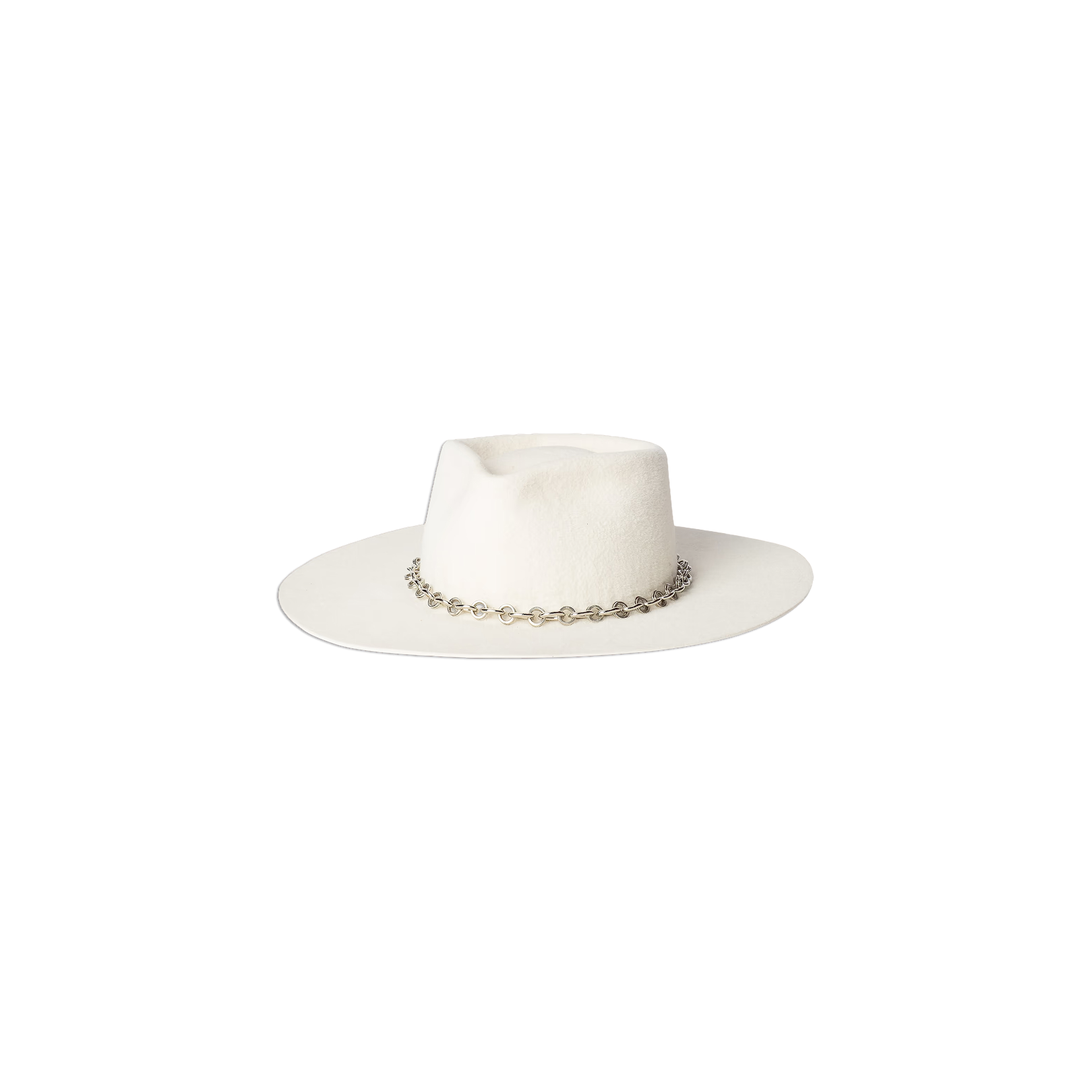 The Umbra Hat is a handcrafted white wide-brimmed velour felt hat made in LA, accented with a decorative silver chain band around the crown and set against a plain white background.
