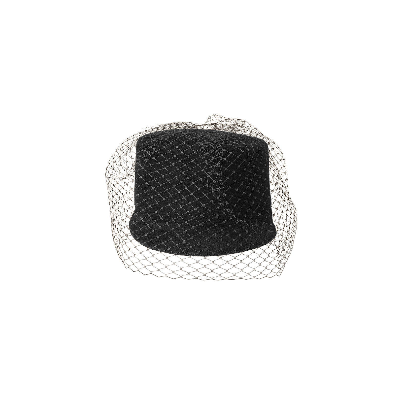 The Rawle Mini Cap—a black velvet pillbox hat featuring a delicate black veil elegantly draped over it—is displayed on a plain white background.
