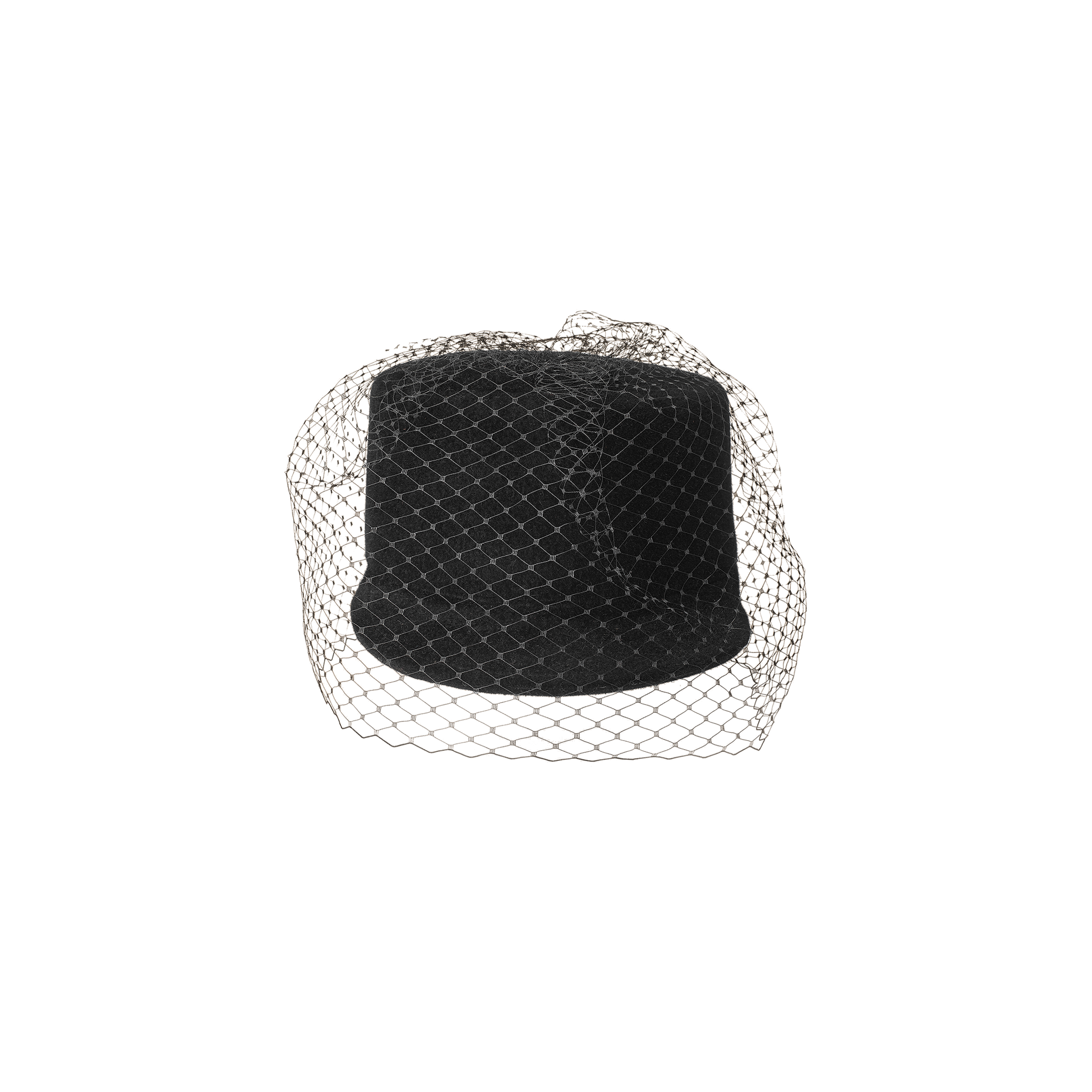 The Rawle Mini Cap—a black velvet pillbox hat featuring a delicate black veil elegantly draped over it—is displayed on a plain white background.