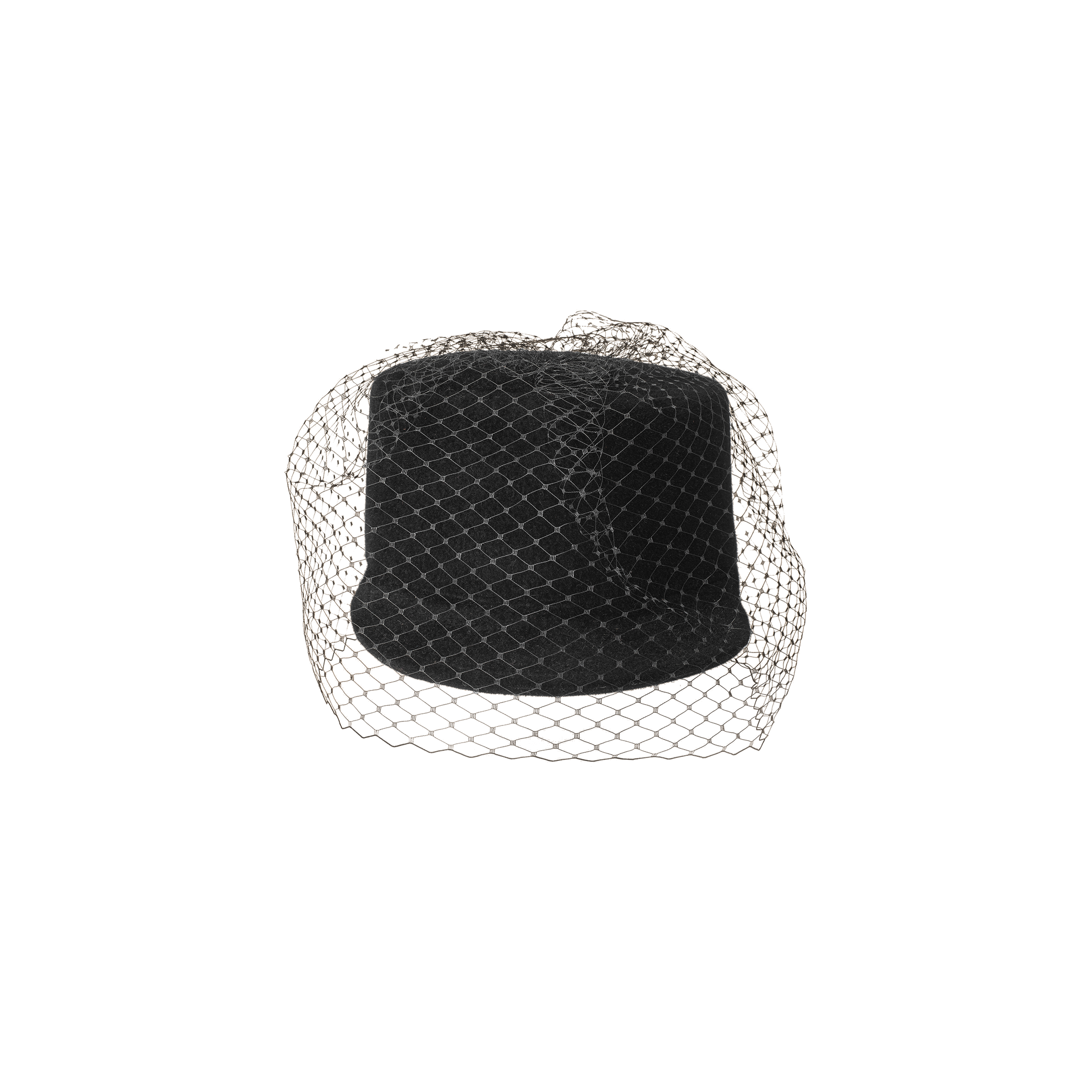 The Rawle Mini Cap—a black velvet pillbox hat featuring a delicate black veil elegantly draped over it—is displayed on a plain white background.