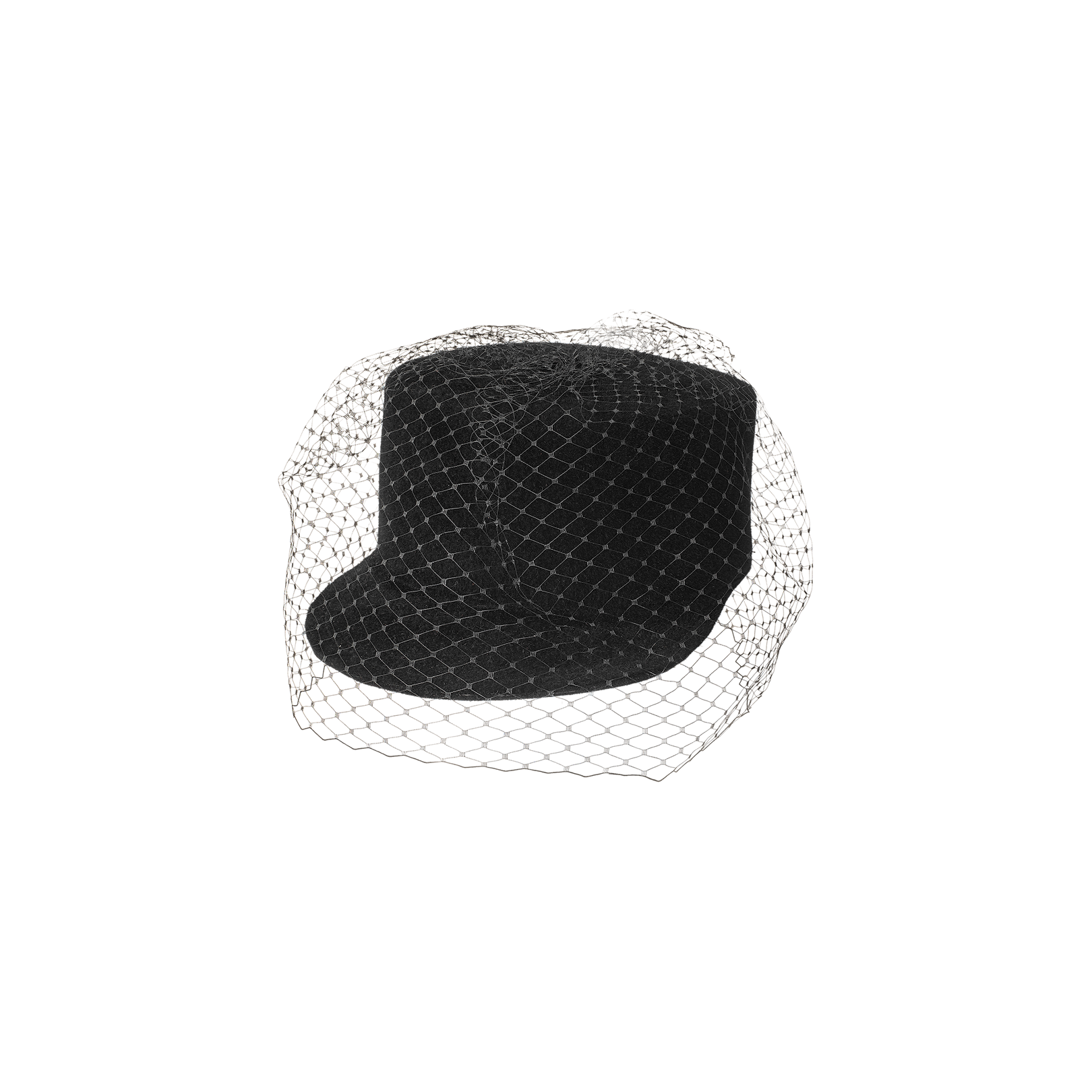The Rawle Mini Cap is a black felt velour hat with a short brim, elegantly adorned with a fine black veil that drapes gracefully over the top and front, capturing the essence of a timeless veiled mini cap.