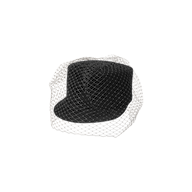 The Rawle Mini Cap is a black felt velour hat with a short brim, elegantly adorned with a fine black veil that drapes gracefully over the top and front, capturing the essence of a timeless veiled mini cap.