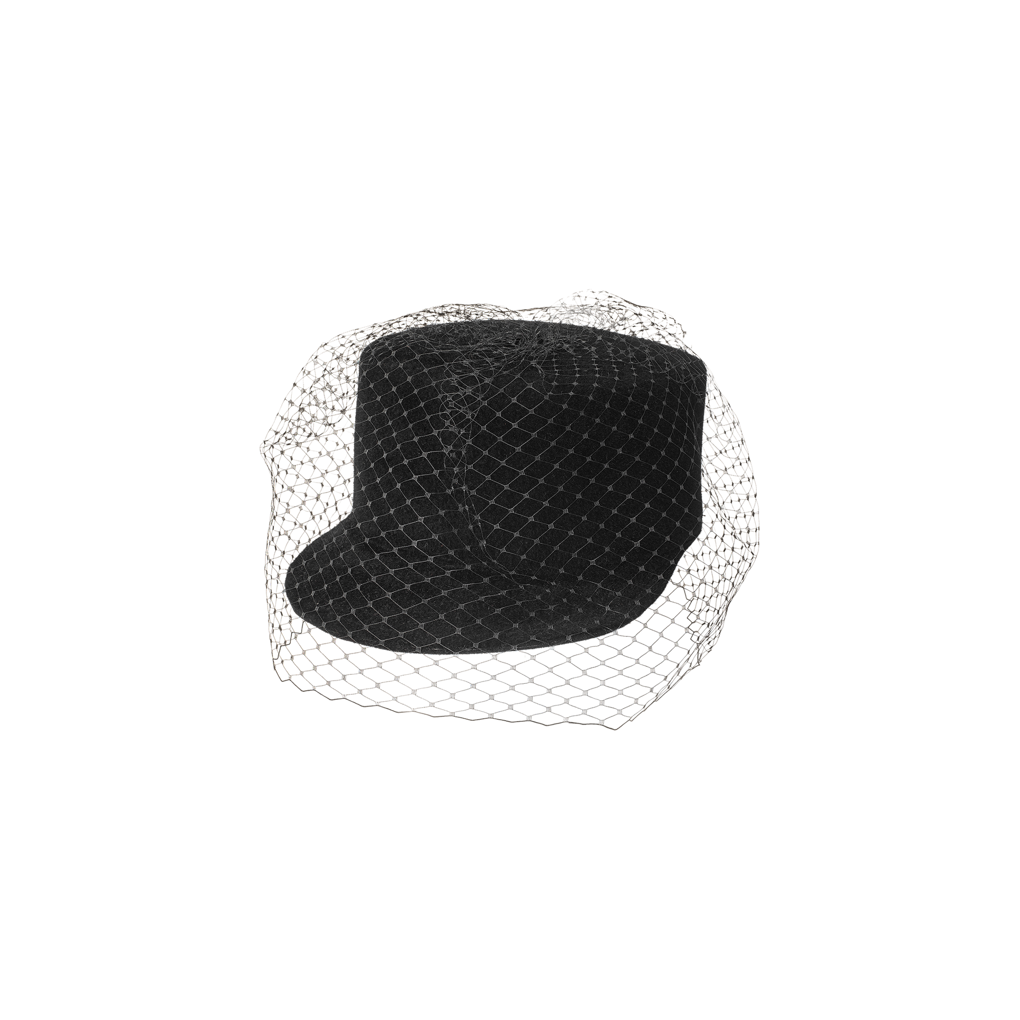 The Rawle Mini Cap is a black felt velour hat with a short brim, elegantly adorned with a fine black veil that drapes gracefully over the top and front, capturing the essence of a timeless veiled mini cap.