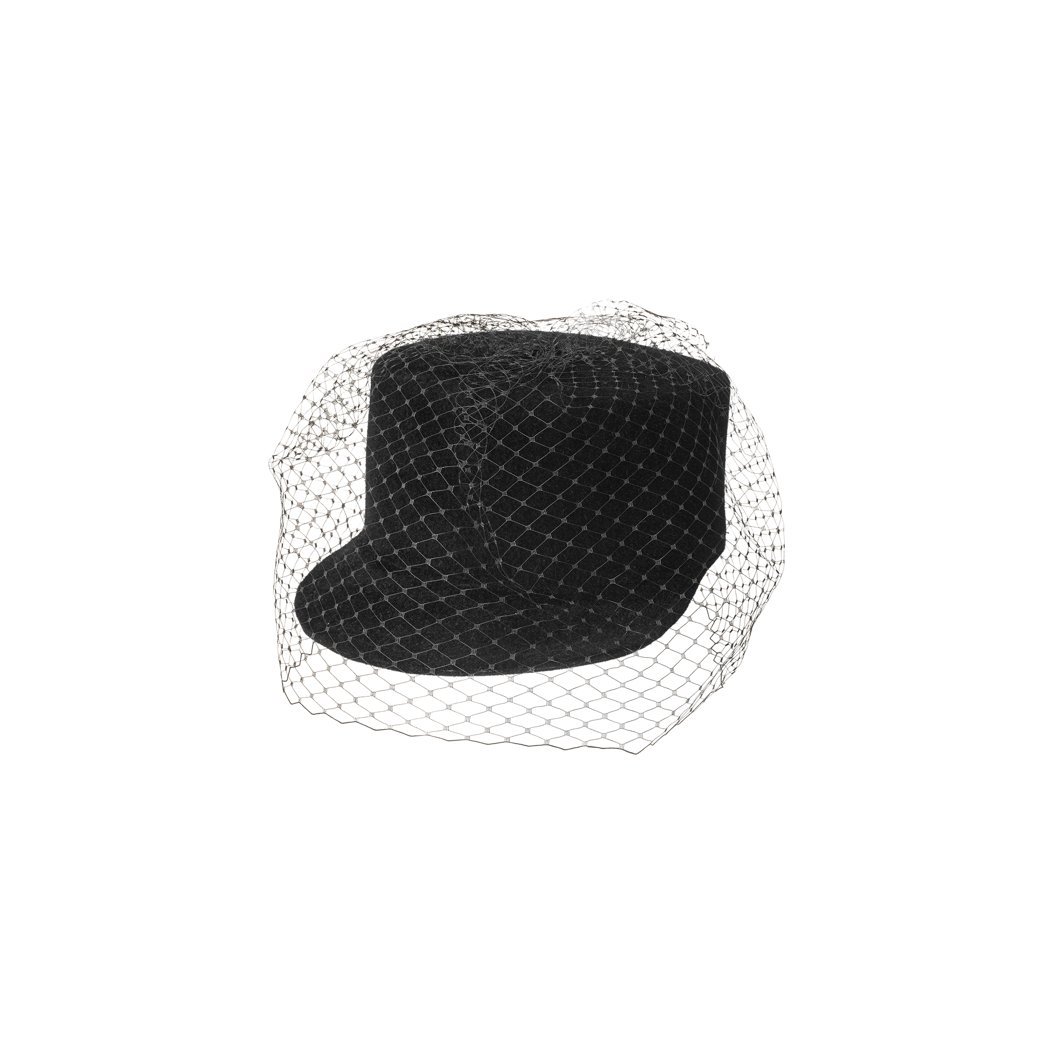 The Rawle Mini Cap is a black felt velour hat with a short brim, elegantly adorned with a fine black veil that drapes gracefully over the top and front, capturing the essence of a timeless veiled mini cap.