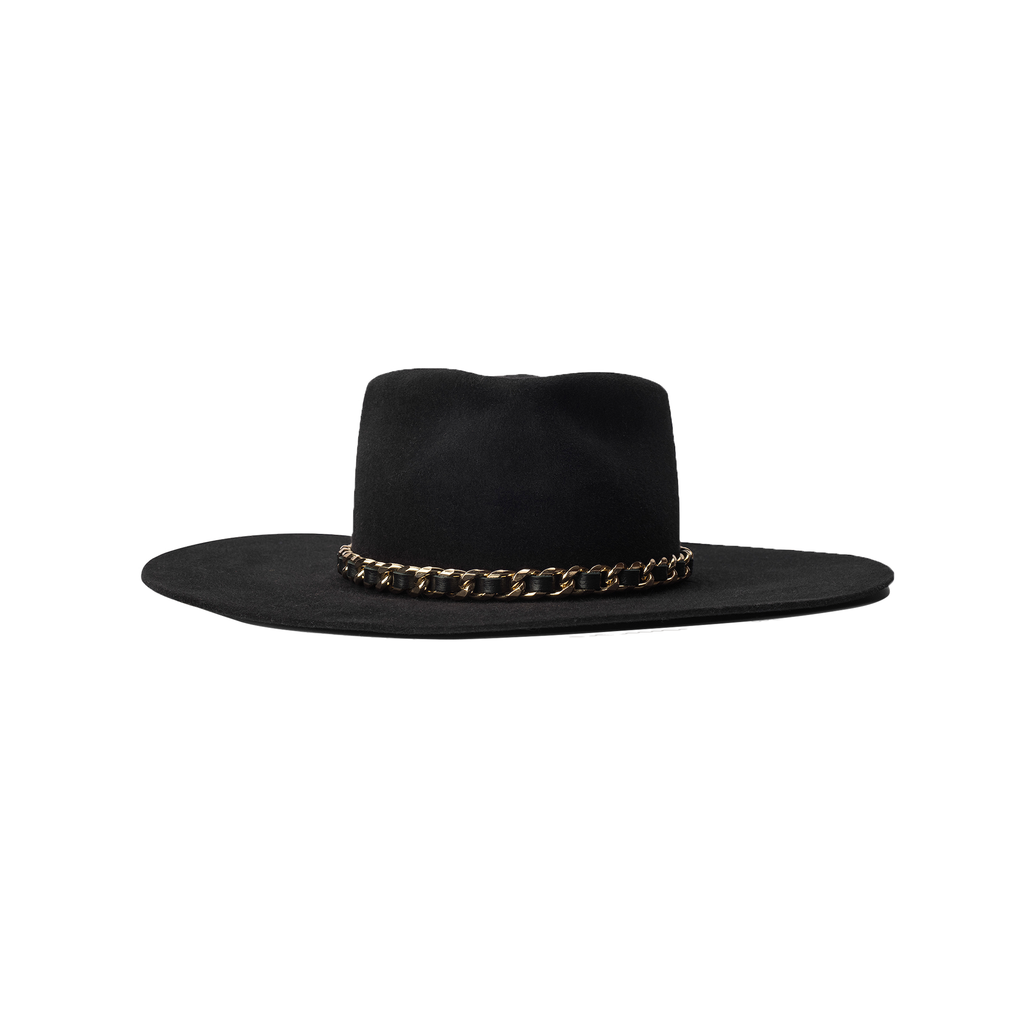 Ferrante Hat by Gladys Tamez Millinery—a wide-brimmed black felt design highlighted by a striking gold chain band around the base of the crown, showcased against a plain white background.