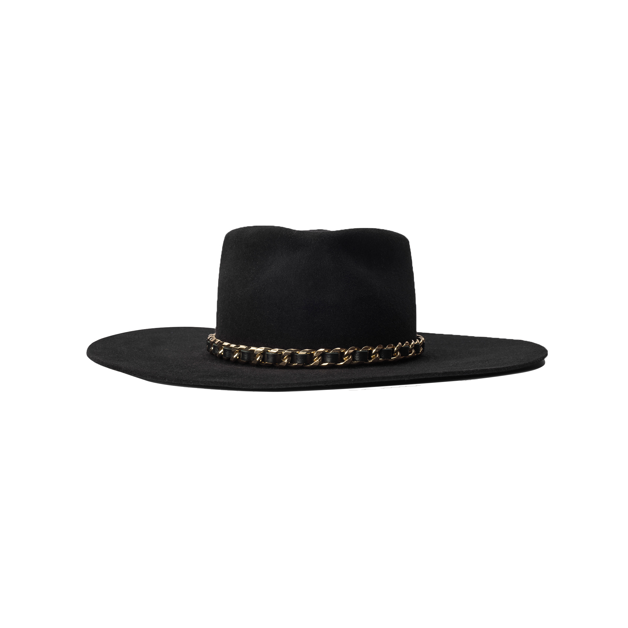 Ferrante Hat by Gladys Tamez Millinery—a wide-brimmed black felt design highlighted by a striking gold chain band around the base of the crown, showcased against a plain white background.