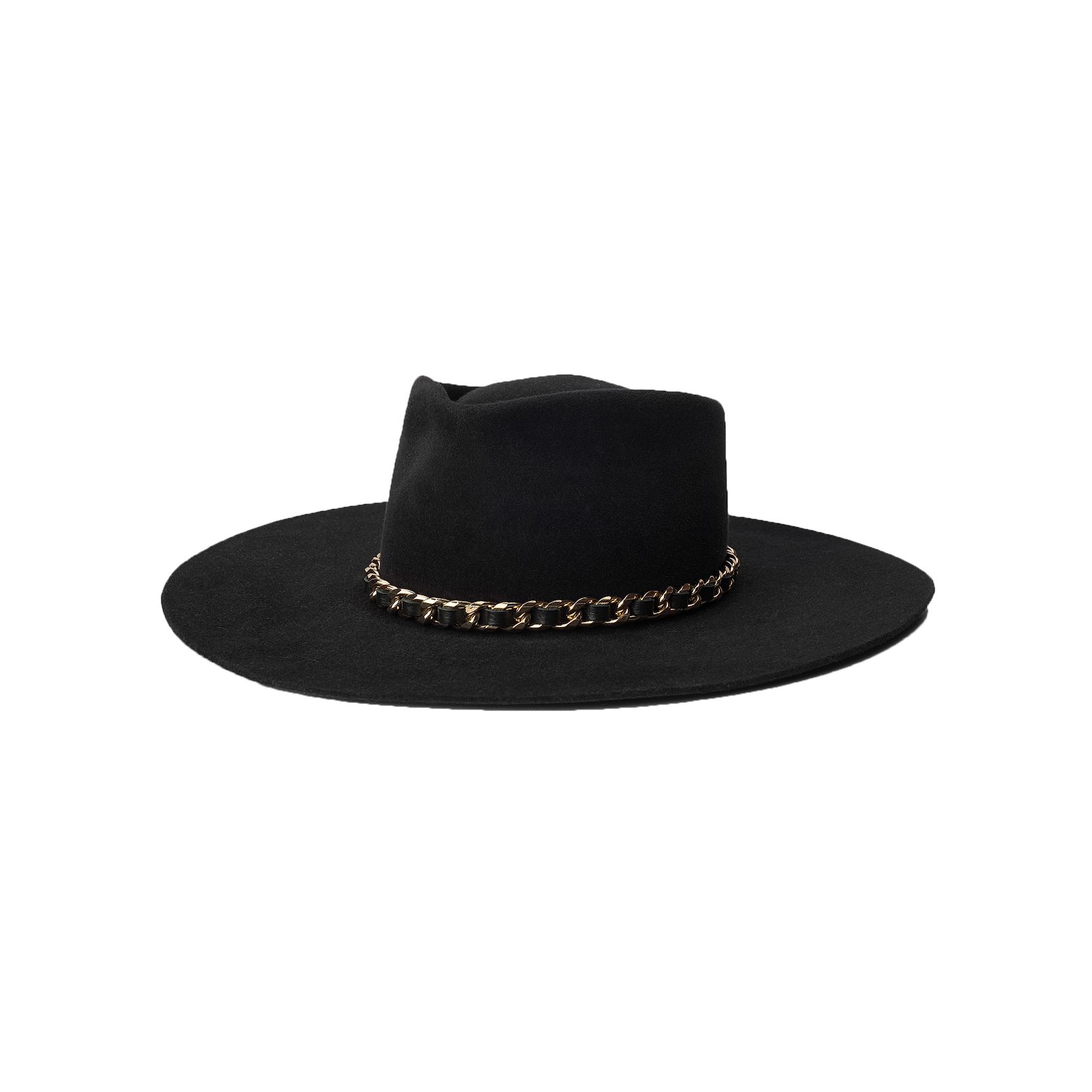 Ferrante Hat by Gladys Tamez Millinery: a wide-brimmed black felt hat adorned with a decorative gold chain band around the base of the crown, shown against a plain white background.