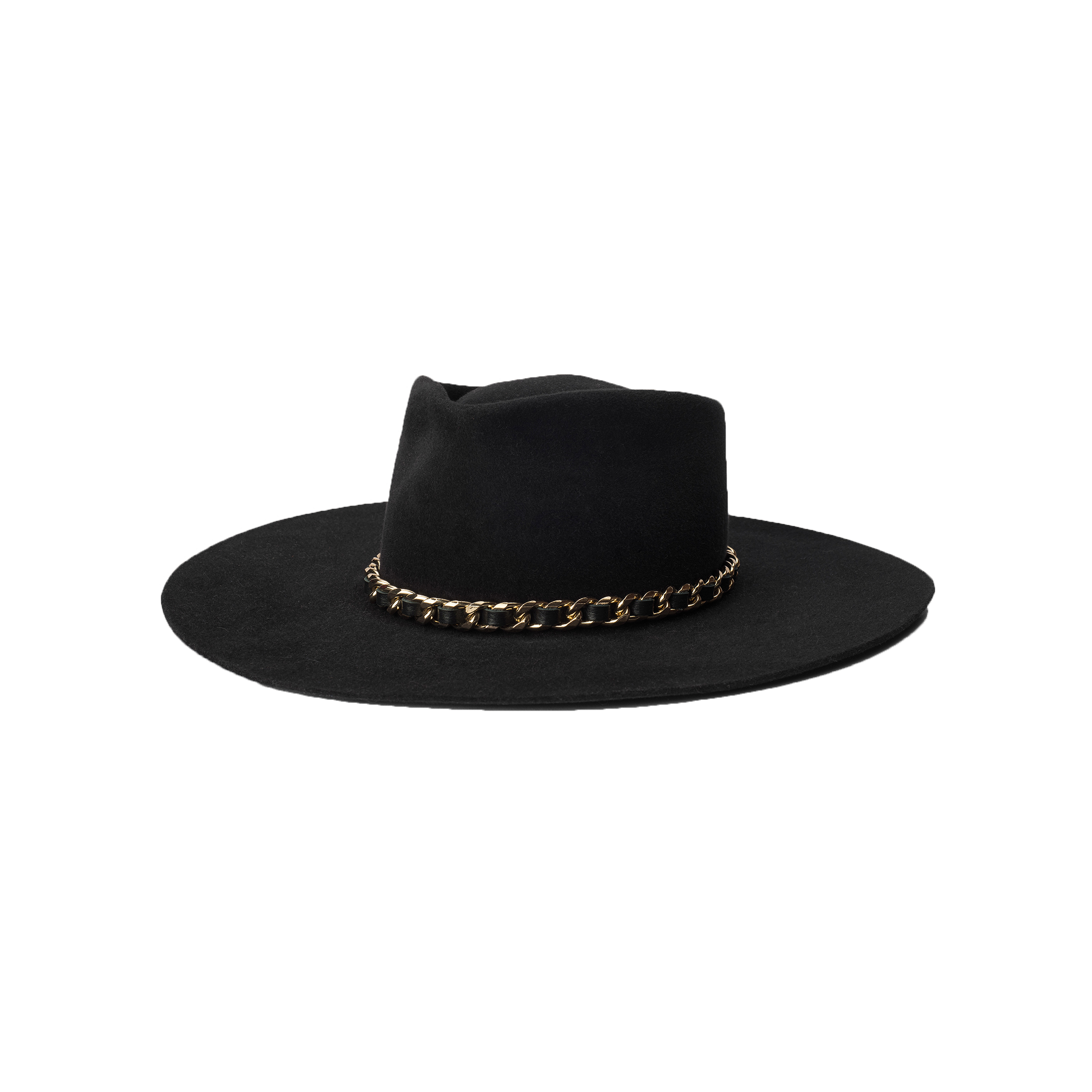 Ferrante Hat by Gladys Tamez Millinery: a wide-brimmed black felt hat adorned with a decorative gold chain band around the base of the crown, shown against a plain white background.