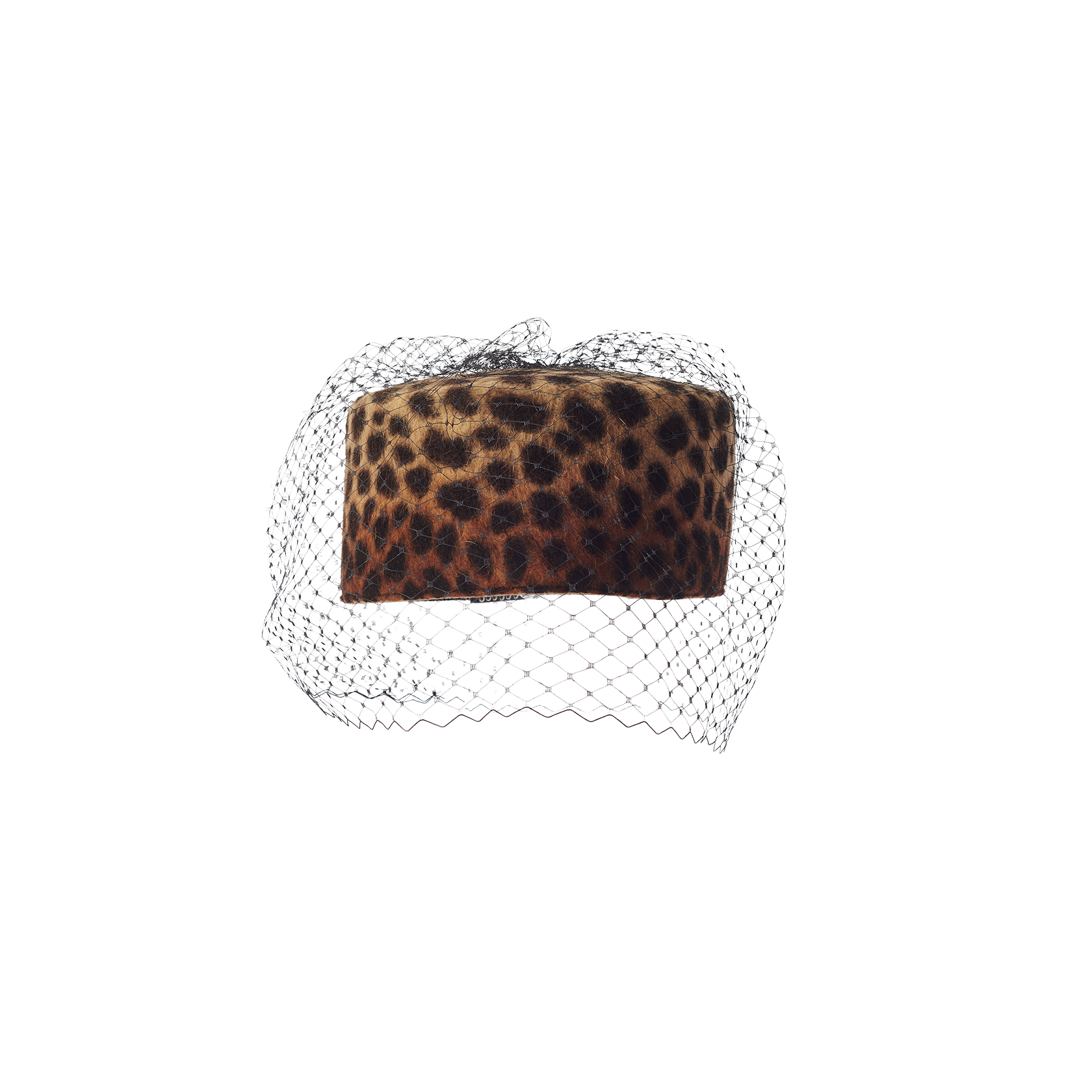 Mariza Pillbox Hat featuring a handcrafted leopard-print design accented with a black birdcage veil.