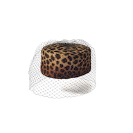 Mariza Pillbox Hat featuring a handcrafted leopard print design with a black net veil.