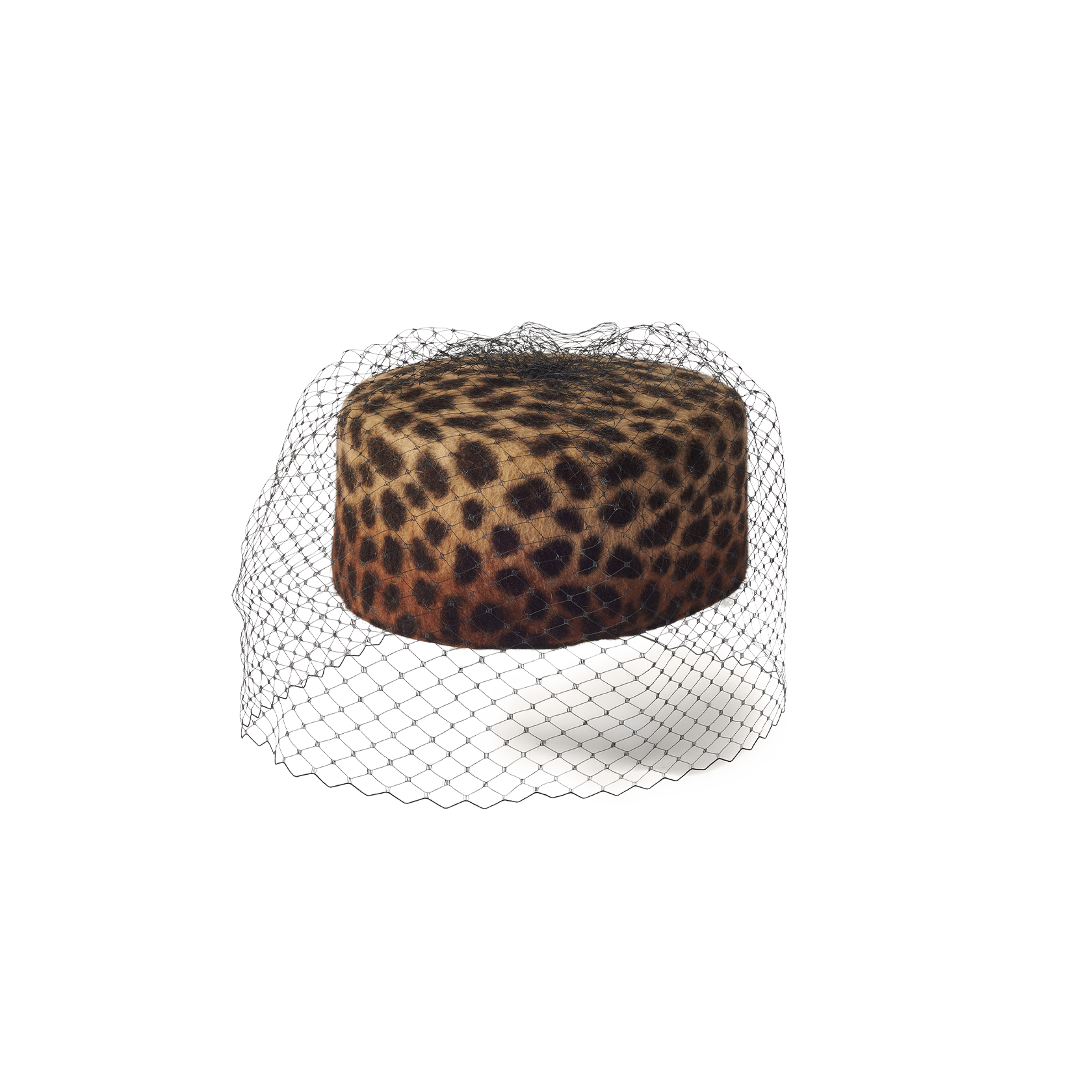 Mariza Pillbox Hat in a vintage-inspired leopard print with a black net veil.