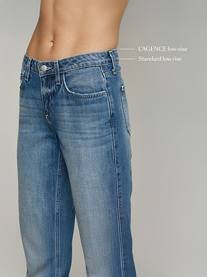 A close-up of a person wearing the Joanne Low-Rise Wide-Leg Jean, focusing on the waistband and hips. Two white lines compare the heights of its low-rise waistband to a standard low-rise against the body.