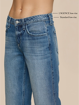 Close-up of a person wearing Sneeki Low-Rise Straight-Leg Jean in blue stretch denim. Labels show the Sneeki low-rise waistband sits higher than standard low-rise, highlighting the difference in rise height.