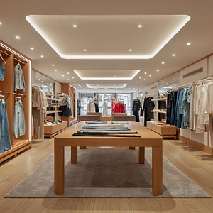 Interior of a clothing store with wooden tables and racks displaying clothes.