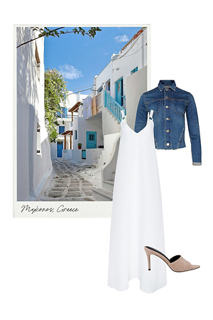 A collage with a photo of a white-washed street in Mykonos, Greece, alongside a white sleeveless dress, a blue denim jacket, and a pair of beige high-heeled shoes.